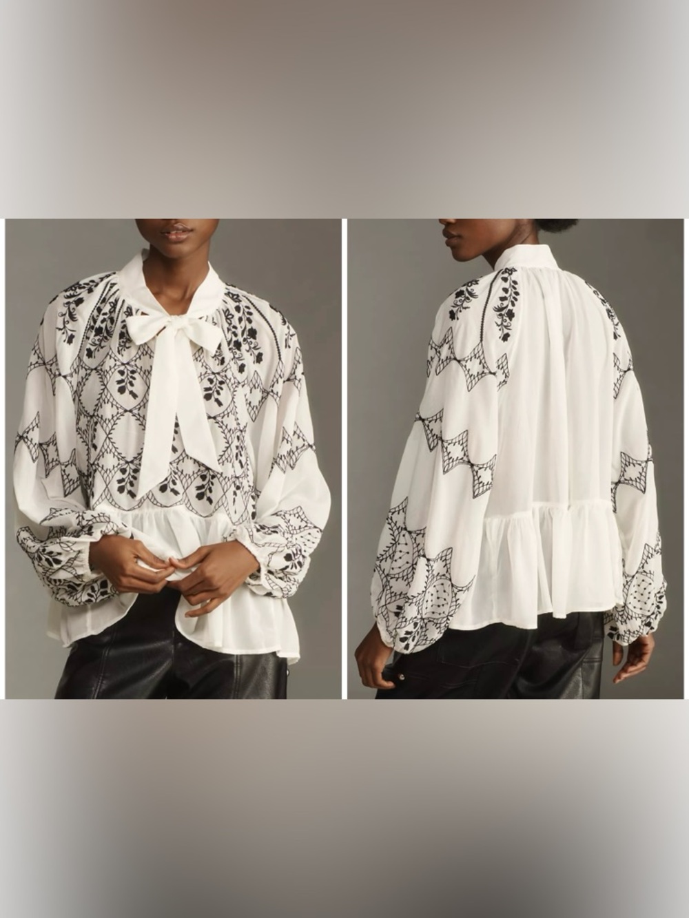 NWOT By Anthropologie Long-Sleeve Tie-Neck Embroidered Blouse - white black - XS